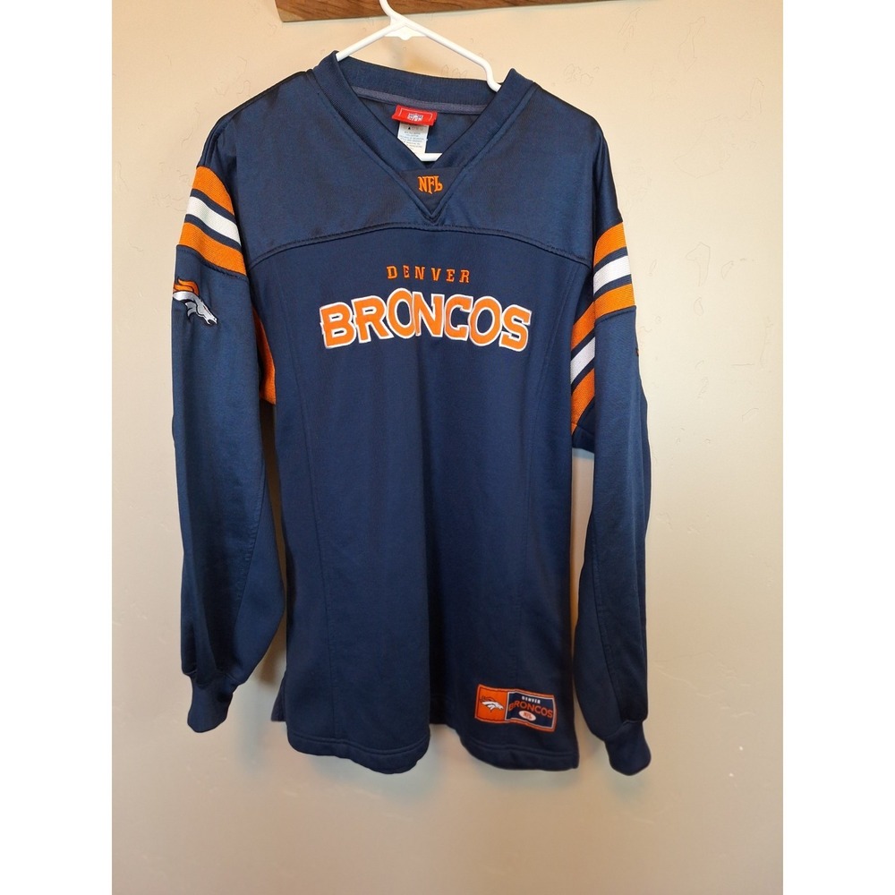 Vintage Denver Broncos Embroidered Patchwork Blue and Orange Thick Longs sleeve